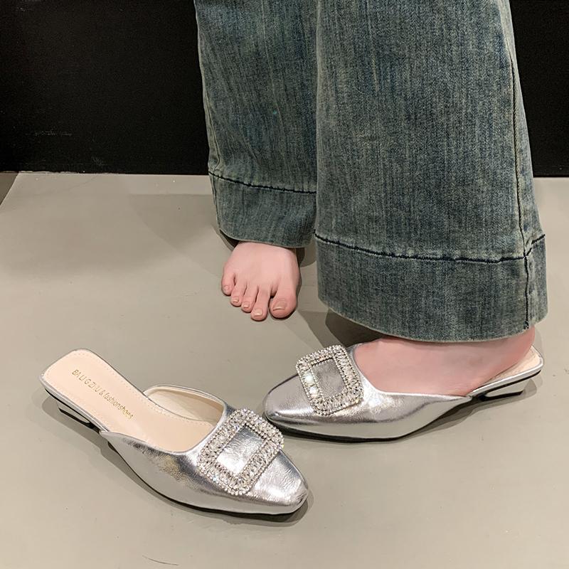 

Модные женские модные сандалии с круглым носком, мелким вырезом, пайетками, металлической квадратной пряжкой, мягкой подошвой, противоскользящие, износостойкие 39