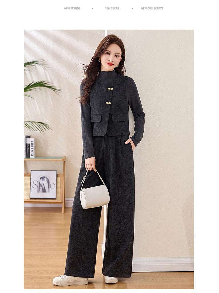 Spring 2025 Women's Fashion Suit: Three-Piece Temperament Vest with High Waist Wide-Leg Pants (ME5501)