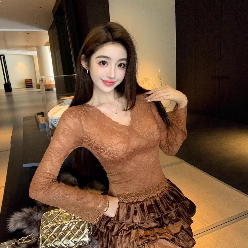 Lace Sexy V-neck Women's Long Sleeve T-shirt with Chest Pads