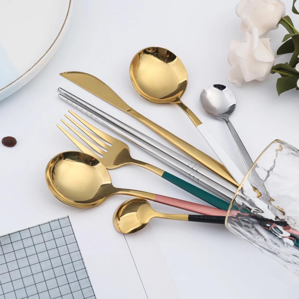 30Pcs Gold Thin Cutlery Stainless Steel Tableware Western Dinner Set Solid Color Knife Fork Spoon Mirror Kitchen Utensils