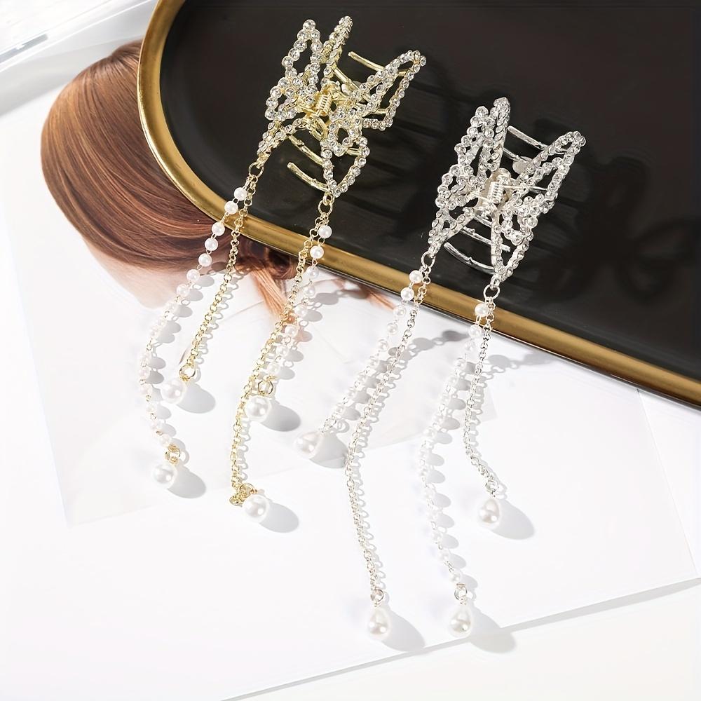 5.5cm Rhinestone Hollow Butterfly Pearl Tassel Hair Grab