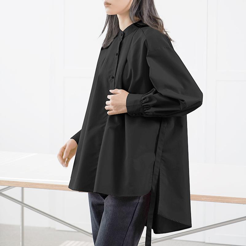 

Рубашка с рукавами-фонариками, женская, осенняя, новая, воротник-стойка, большой размер, свободная, повседневная, однотонная, с поясом, верхняя часть L