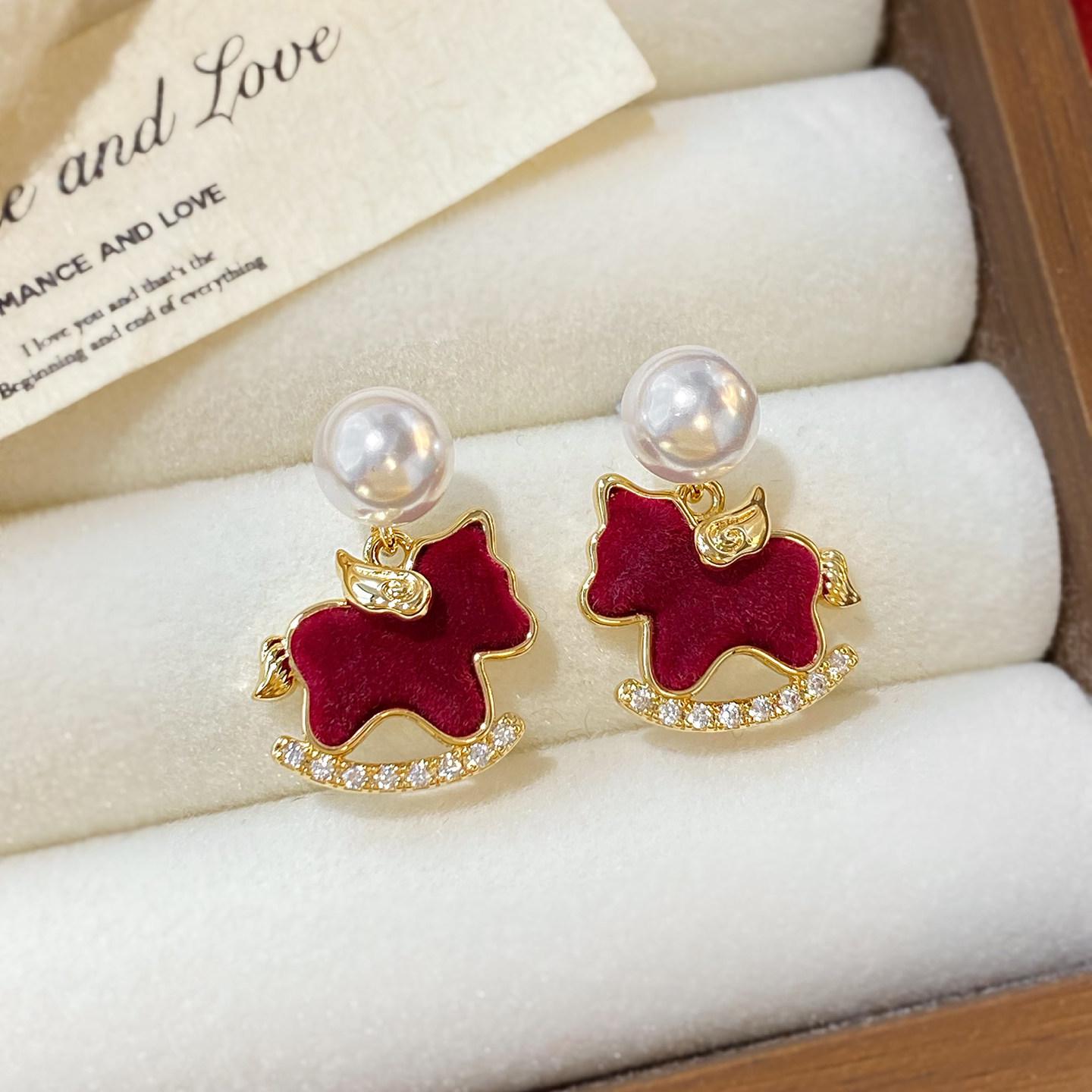 Velvet Red Pearl Year of the Horse Earrings - Unique High-End Autumn/Winter Studs for New Year Celebration.