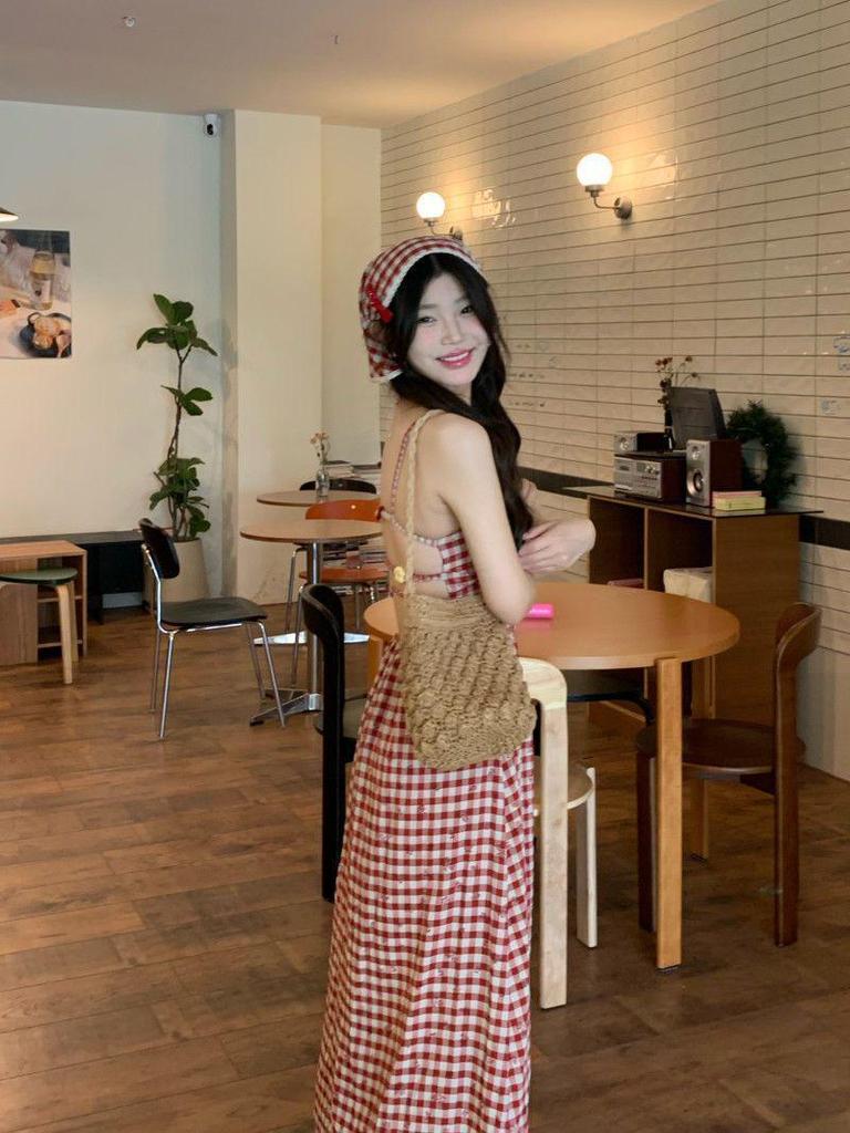 2026 Women's Red Plaid Open Back Strappy Summer Dress with Slim Waist and Pastoral Style Long Skirt