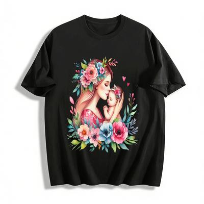 Gentle Mother Baby Embrace Floral Print Casual T-shirt Pure Cotton T-shirt