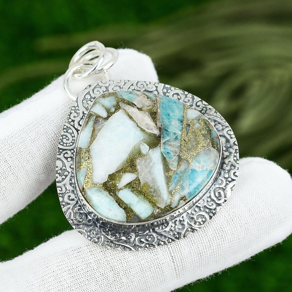 Pear Copper Amazonite Gemstone Bezel Trendy Sister New Pendant Sterling Silver