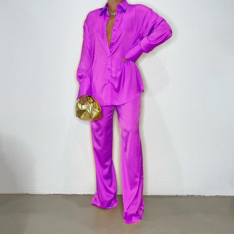 Casual Loose Satin Blouse Women Sets Elegant Long Sleeve Two Pieces Outfits Women Shirt Straight Pants Suit Female Solid Tops