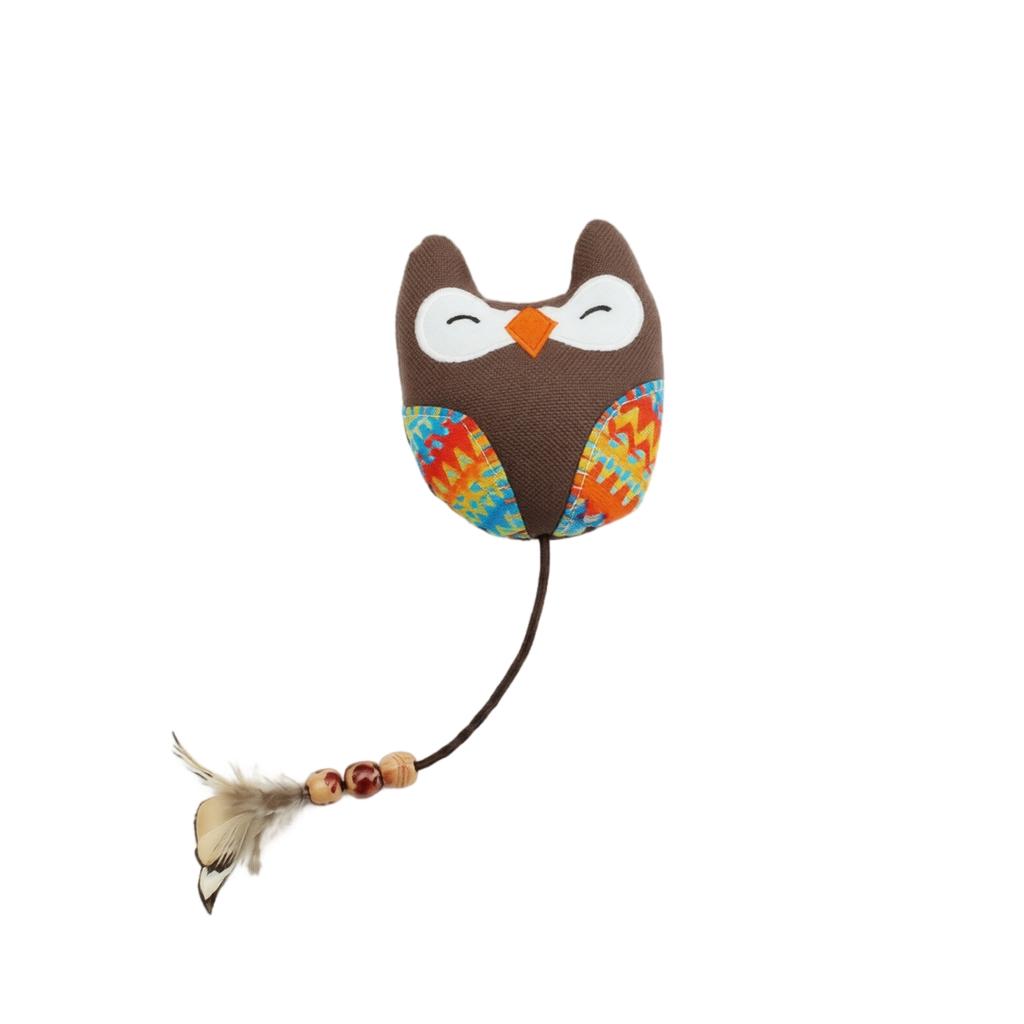 Cat Feather Teaser Toy Plush Animal Head Design with Beads and Feathers Attached Interactive Pet Toy for Cats