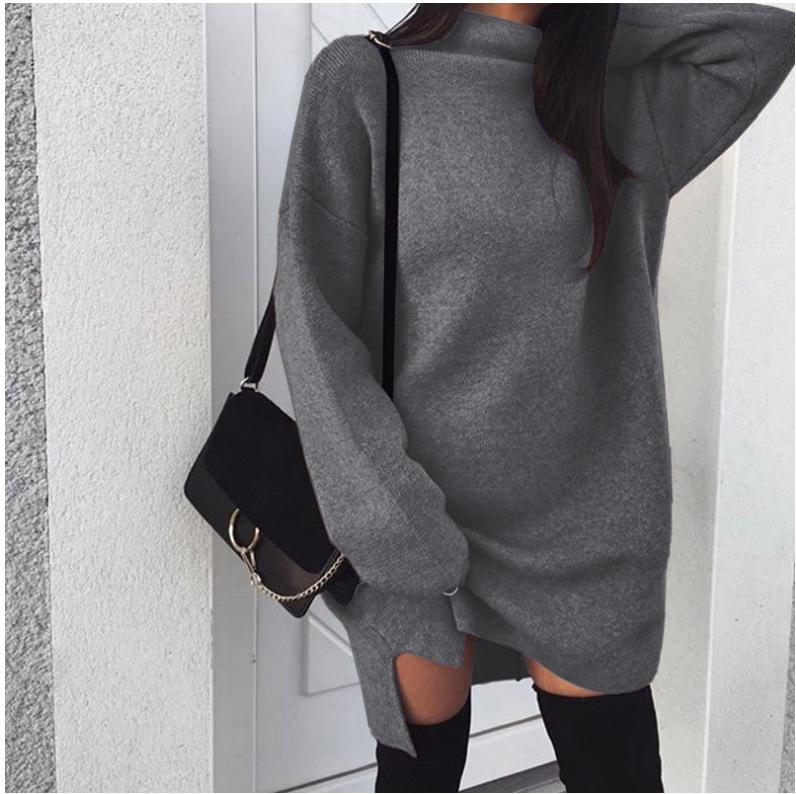 2023 European & American Plus Size Loose Knit High Neck Slit Dress for Women