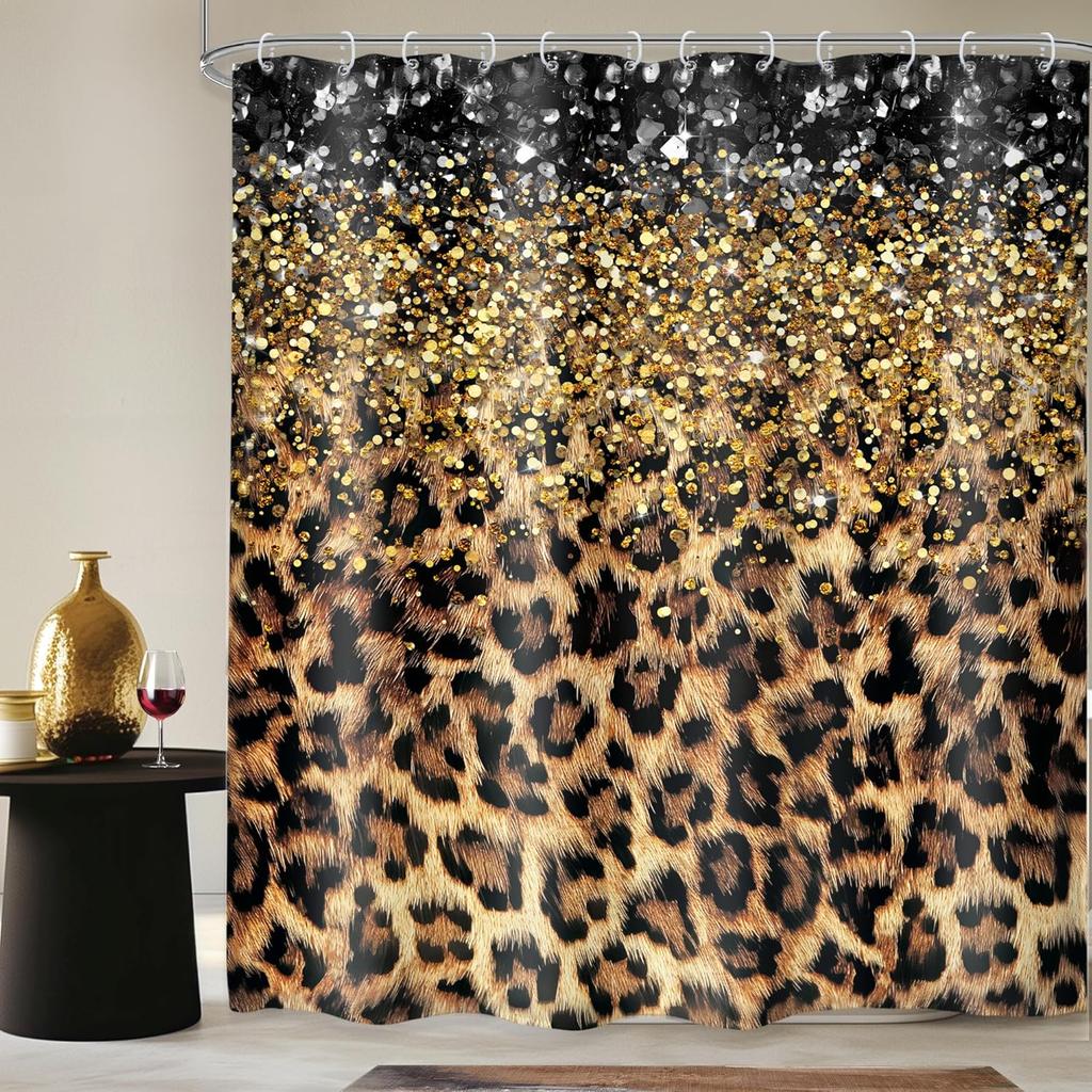 1Pc Multi-Pattern Shower Curtain Collection, Cow Print Leopard Cherry Bow Fabric Bath Decor With Hooks For Bathroom