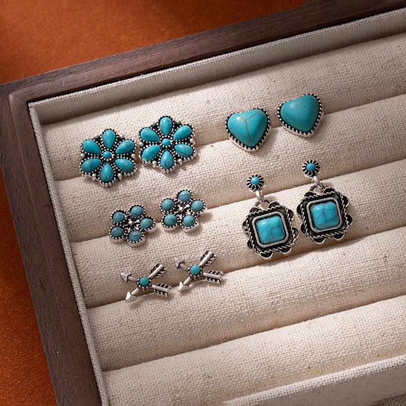 Vintage Ethnic Wind Turquoise Flower Earrings Carved Inlaid Turquoise Square Ear Needles Female Bohemian Ethnic Wind