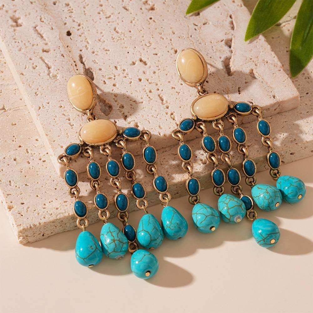 Green Water Drop Ethnic Style Tassel Earrings Turquoise Earrings Pendant  Lady Gifts