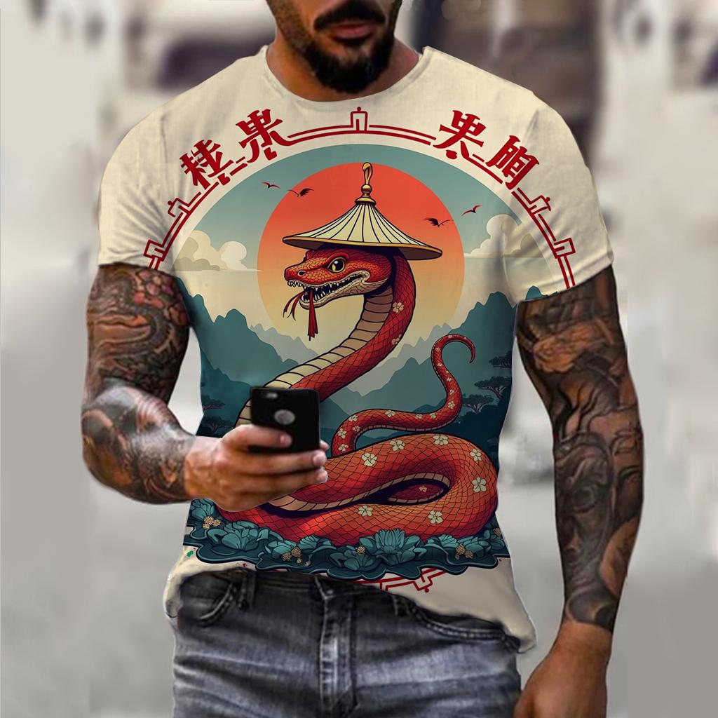 T-shirt décontracté à manches courtes pour homme imprimé 3D Année du Serpent du Nouvel An 2025 Confortable Respirant Imprimé Rétro