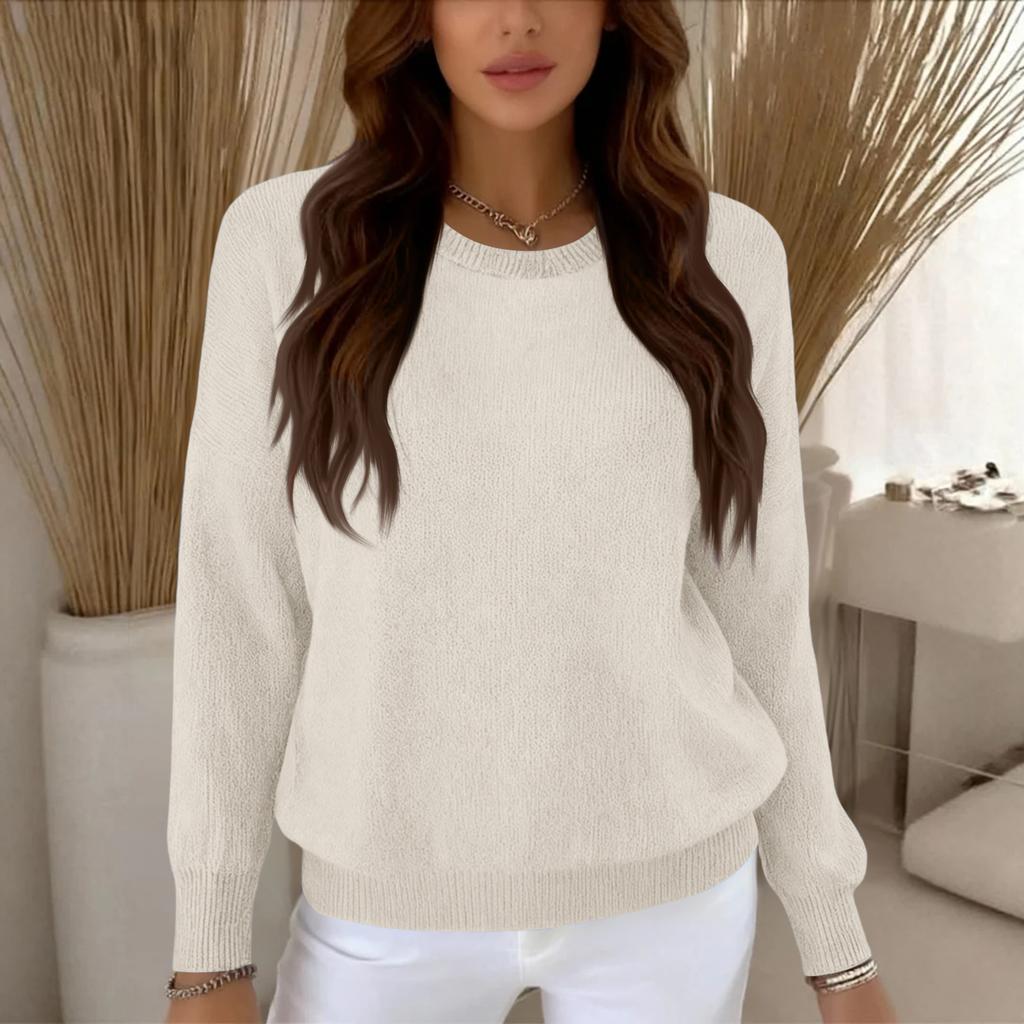 Women's Fashionable Casual Knitted Top Loose-Fit Solid-Colour Long-Sleeved Jumper