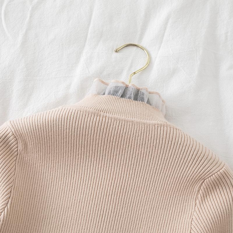 Koreanischer Mesh-Spleiß-Pullover Langarm Elastisch Weiße Oberteile Damen Herbst Winter Kleidung Slim Strick Weicher Pullover Knopf Halber Rollkragenpullover