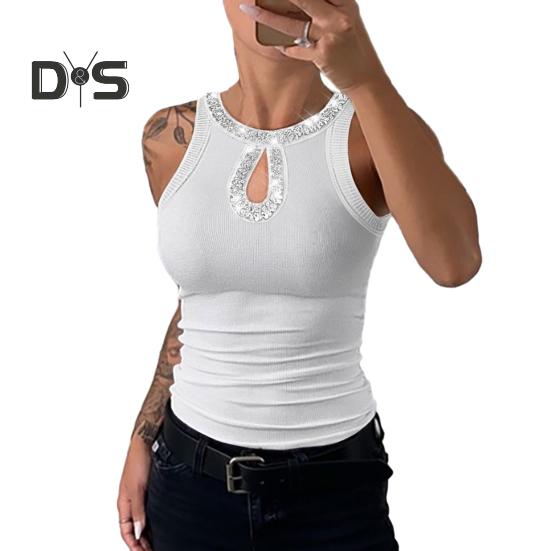 

Жіночий жилет з круглим вирізом, без рукавів, з блискучими паєтками, майка, ажурний дизайн, приталений камзол для повсякденного носіння S білий