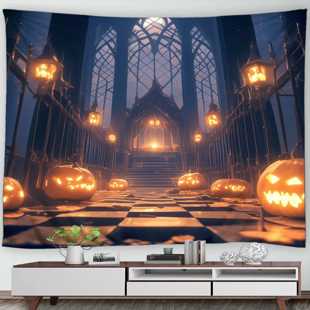 Halloween Decorative Tapestry Pumpkin Lantern Wall Hanging Full Moon Gothic Castle Ghost Bat Tapestry Home Room Decoration