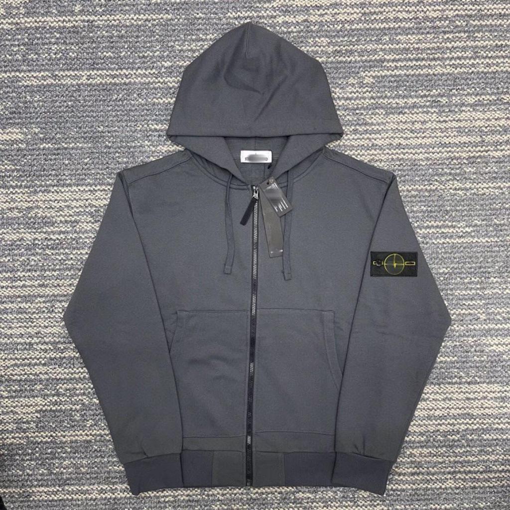 Revised Unisex Stone Hoodie: Autumn/Winter Solid Color, Sleeve Patch, Badge Style Zipper Sweatshirt Jacket.