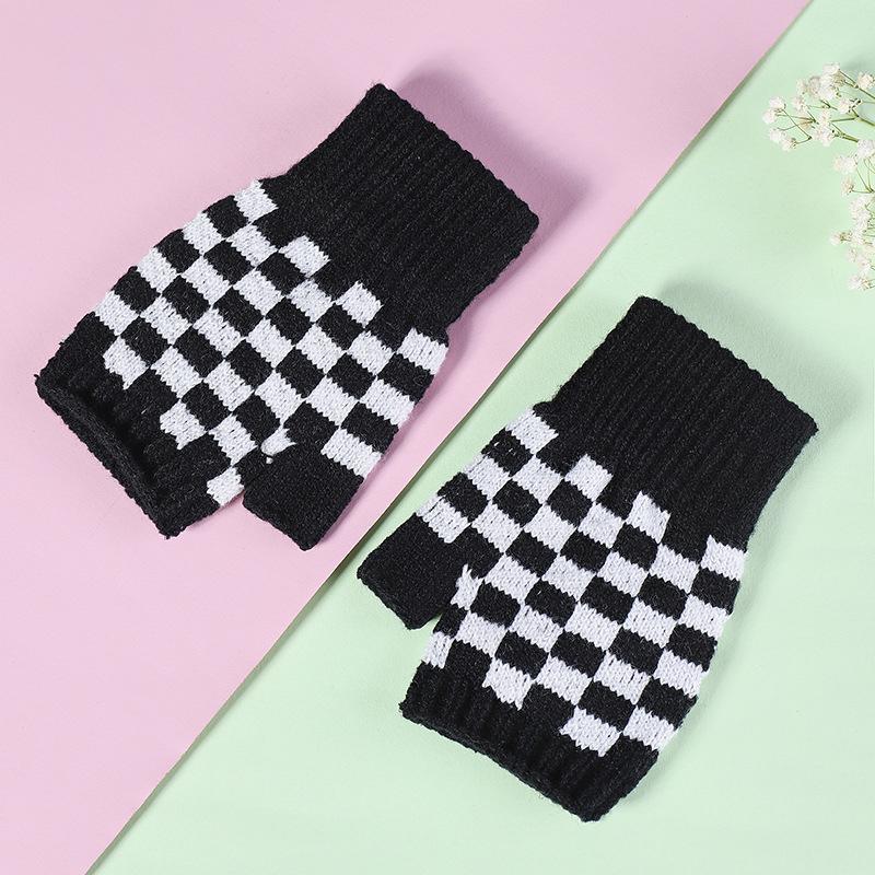 Warm Gloves Knitted Half-finger Plaid Cold-proof Gloves for Women Winter