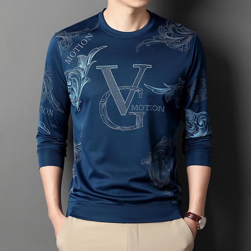 New Men's Casual Long Sleeved Round Neck Printed T-shirt Thin Summer Comfortable Fashion Casual New Arrivals Street Style Top