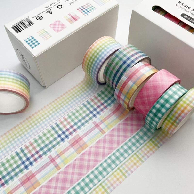 6Rolls Gridded Decorative Tape Scrapbooking Decorative Tape for Journaling Notebook Planner Wrapping 5Meter Per Roll