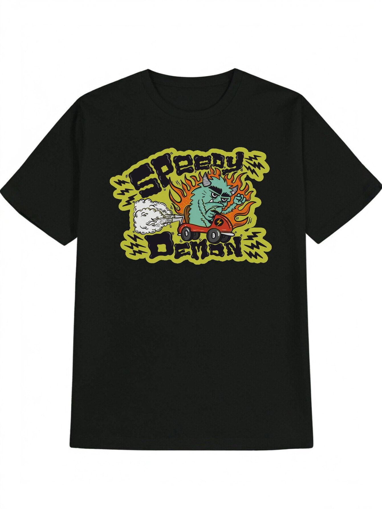 Casual Graphic T-shirt - Black with Green Demon & Red Car Print S