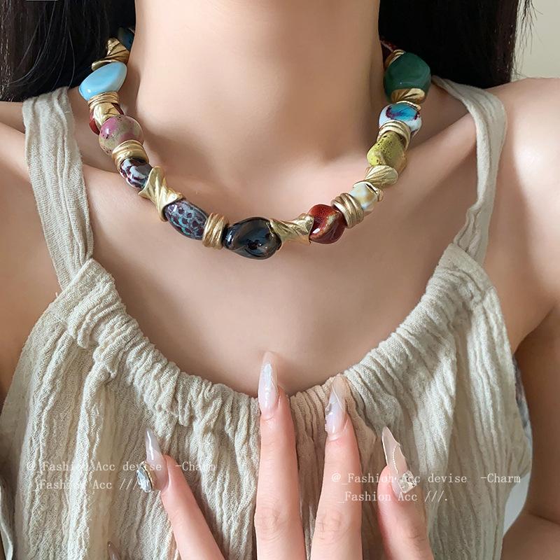 Vintage Floral Round Ceramic Necklace for Women Chokers Party Jewelry Gift