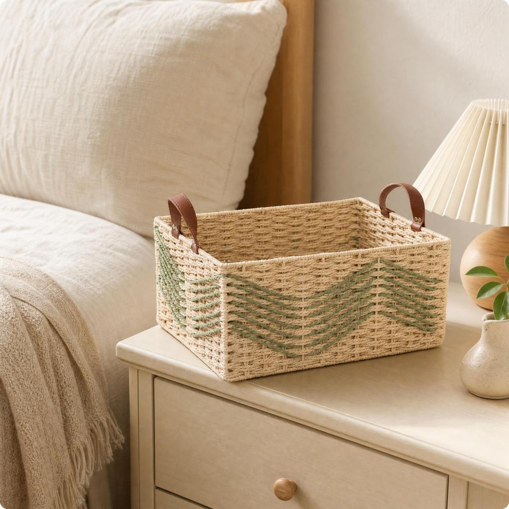 Rectangular Storage Basket with Leather Handles Open-Top Desktop Woven