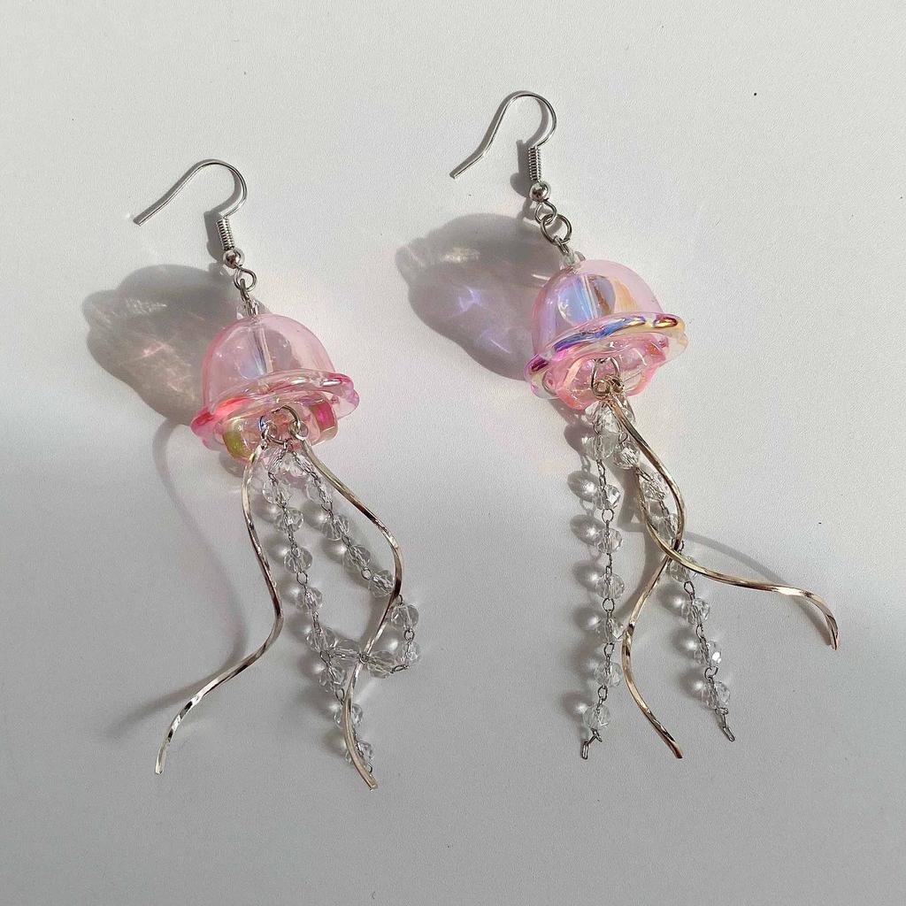 Transparent Iron Jellyfish Earrings Natural Stone Trendy S-Shaped Chain Tassel Hand-Crafted Beaded Design Cross-Border
