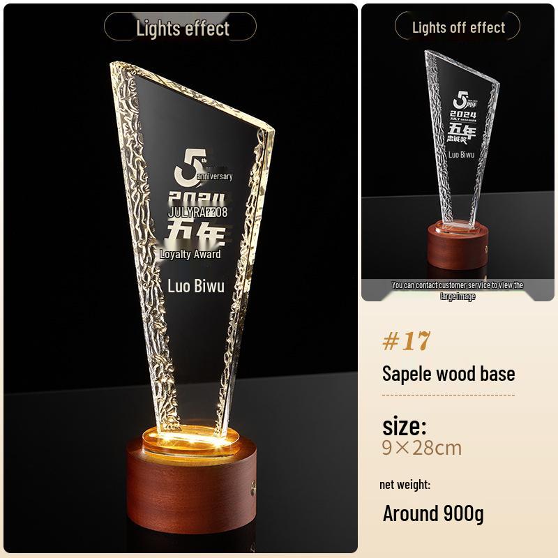Crystal Trophy with Solid Wood Base - Outstanding Employee & Team Award for Annual Meeting, Creative Engraving