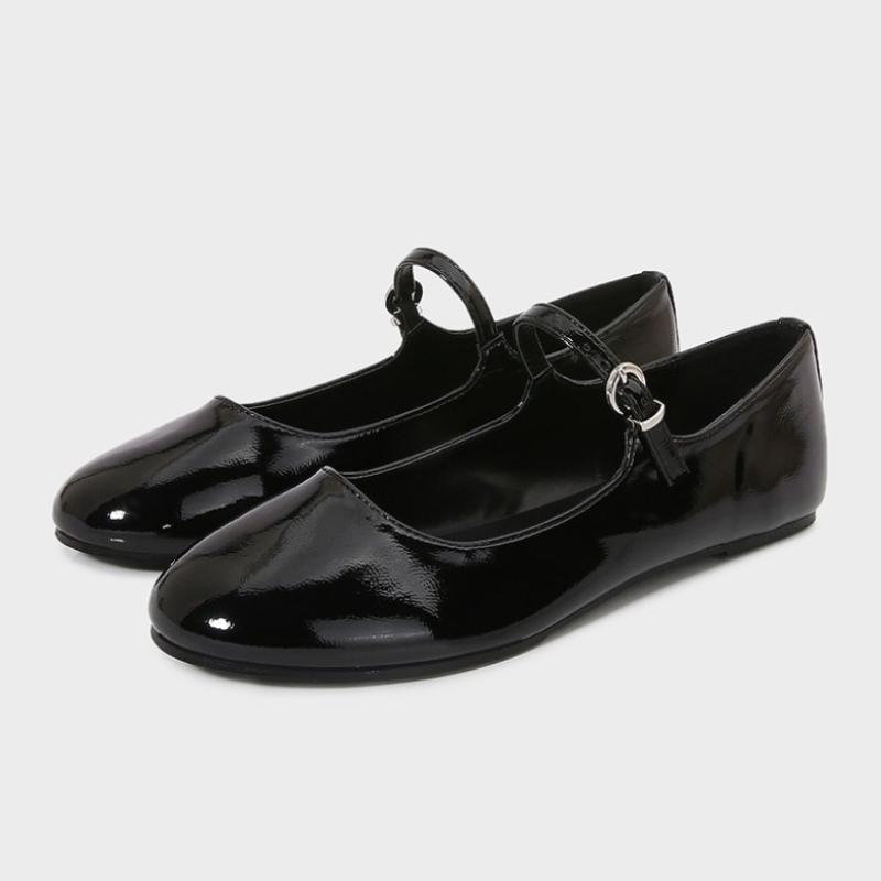 

Fashion Black Patent Leather Narrow Buckle Design Ballet Flats Women Elegant Round Toe Shallow Brand Mary Jane Shoes Cozy Non-slip Flats 42 чёрный