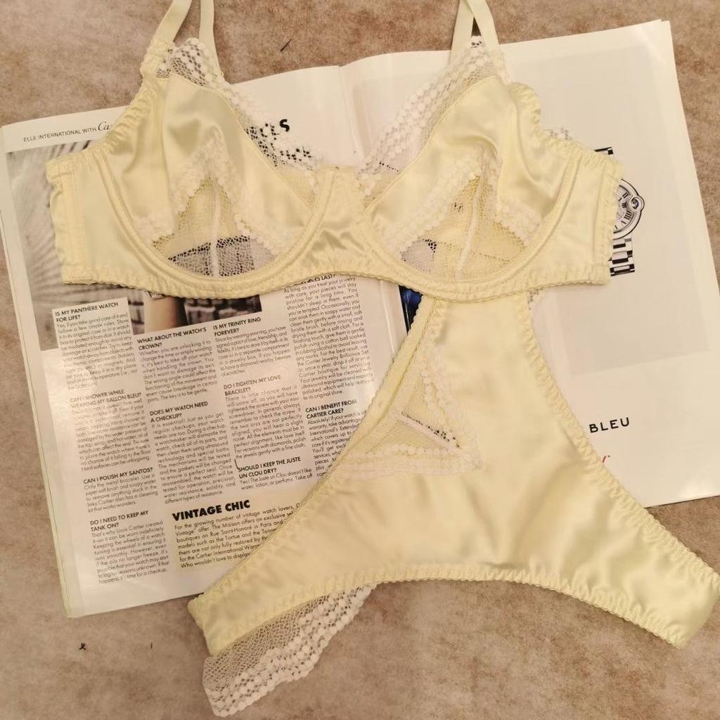French Underwear Women's Sexy Ultra-thin Satin Lace Big Breasts Small Anti-sagging Bra Set