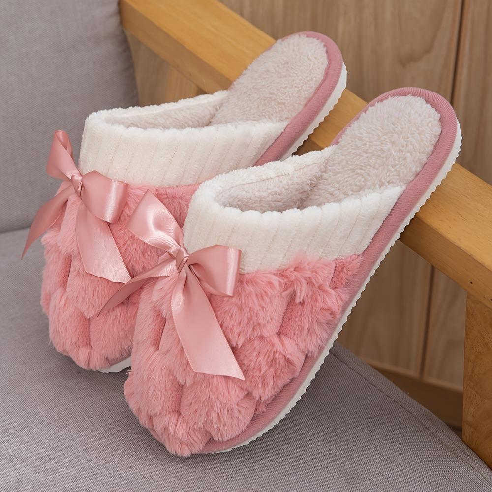 Monochrome Home Warm Slippers, Soft Bottom Fluffy Flat Bow Decorative Shoes, Winter Plush Comfortable Non-slip Shoes