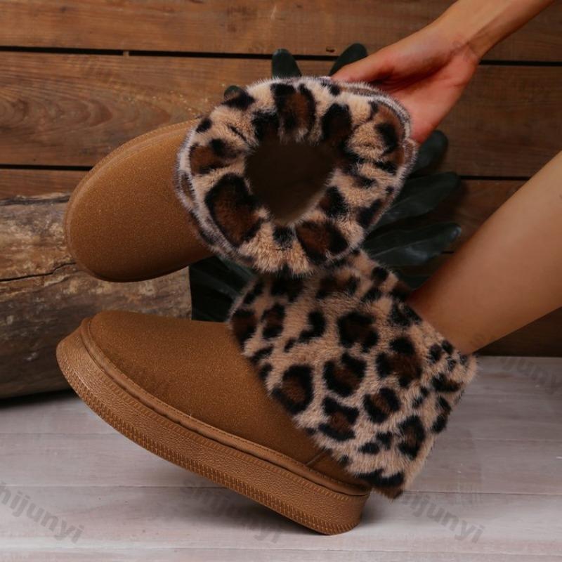 Women Snow Boots Leopard Print Winter Leopard Print New Platform Anti Slip Warm Comfort Thick Soled Plush Snow Ankle Boots