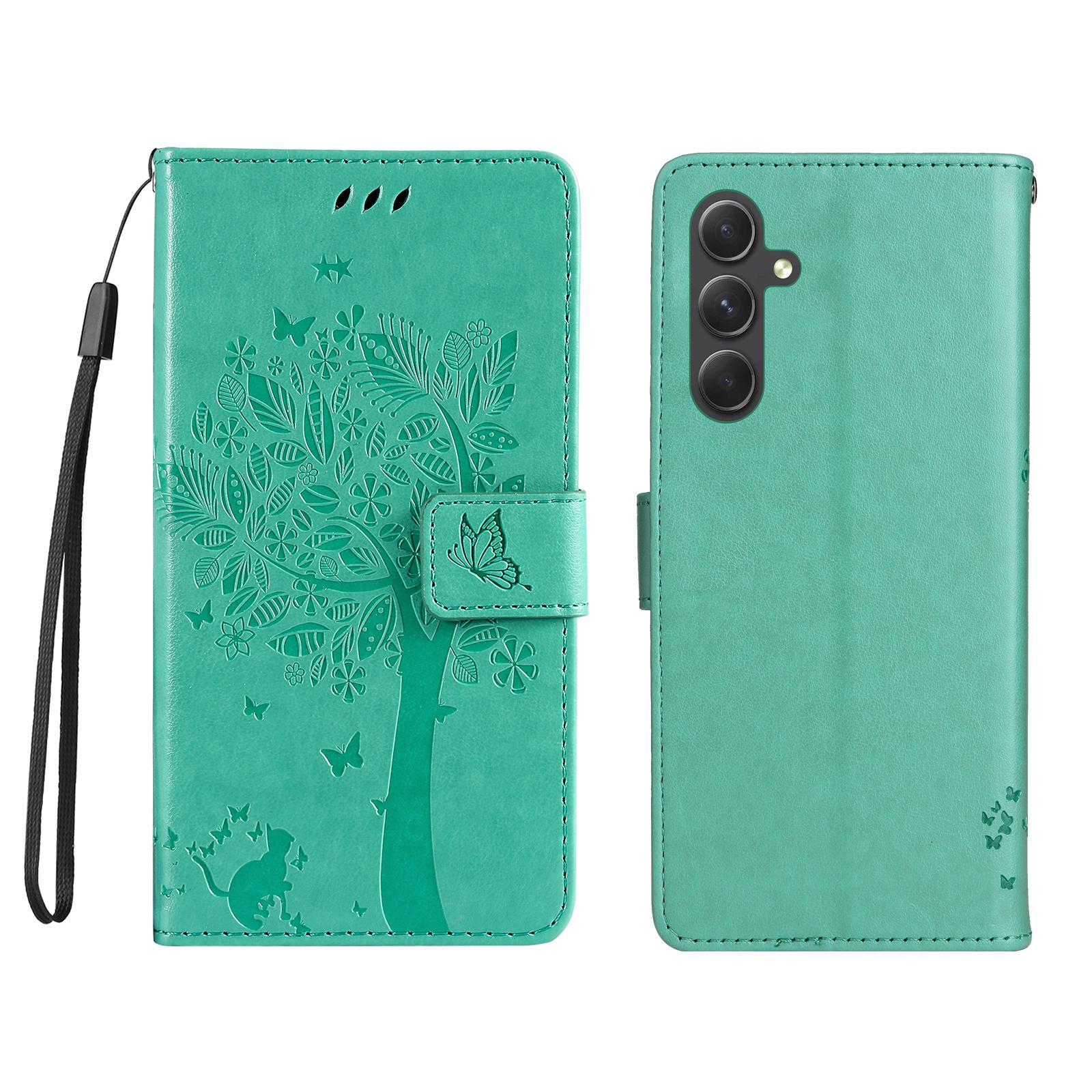 

For Samsung Galaxy A55 5G Phone Case with Stand Cat Tree Pattern Leather Wallet Mobile Cover Green