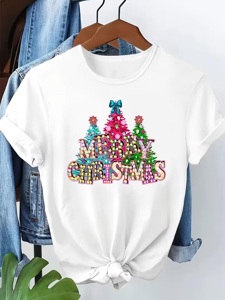 (Asian Size) lovely letter cute Short Sleeve T-shirts Merry Christmas Fashion Women's Top O-neck T Shirt Print Casual New Year Clothing Graphic Tee