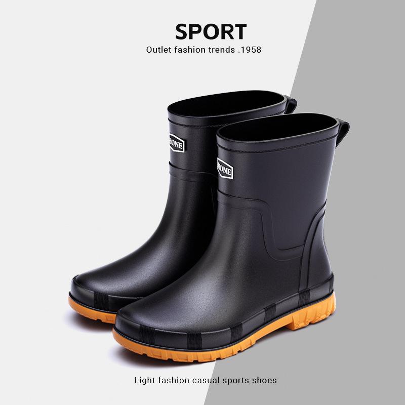 Winter warm men's rubber shoes British waterproof pull rope rain shoes medium tube outdoor fashion bundle rubber shoes non-slip fishing shoes