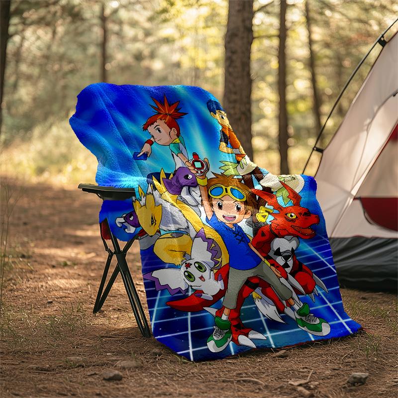 1pc Digimon Theme Blanket - Digital Print, Polyester, Cozy for All Seasons, Perfect for Outdoor, and Travel