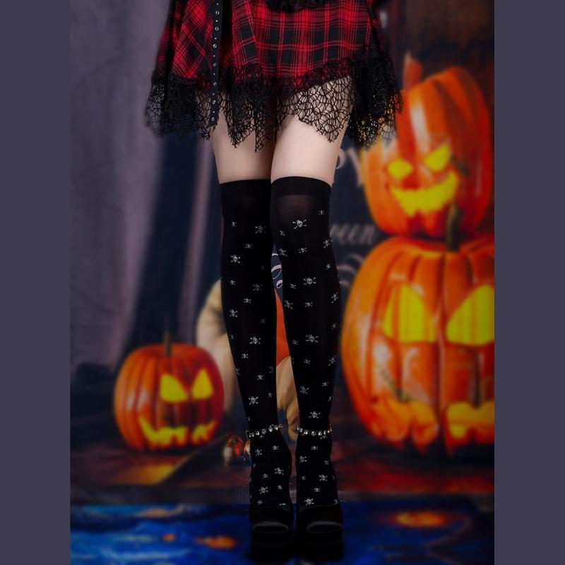 Damen Kniestrümpfe Über dem Knie Hohe Strümpfe Japanische Lolitas Totenkopfmuster Lange Socken Dünne Halloween-Strümpfe