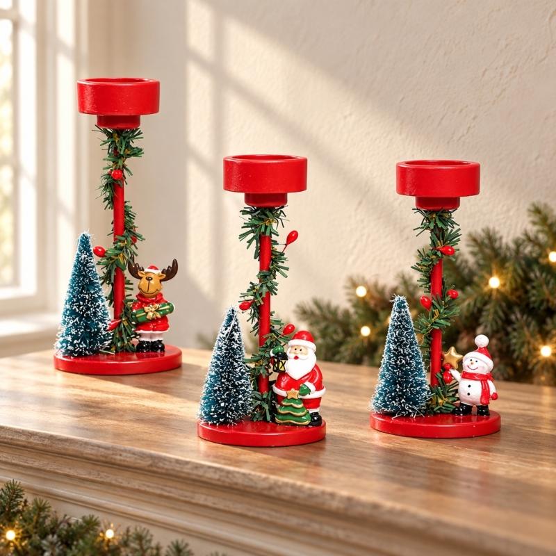 Decorative Christmas Candle Holders Set of 3 with Santa and Holiday Character Figures for Entryways, Coffee Tables and Dining Table Displays