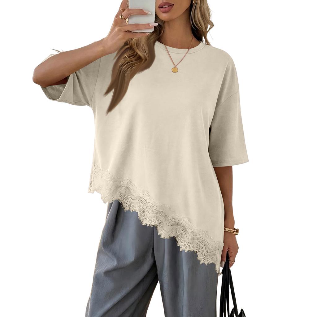 Women's Short Sleeve Lace Trim T-Shirt with Asymmetrical Hem