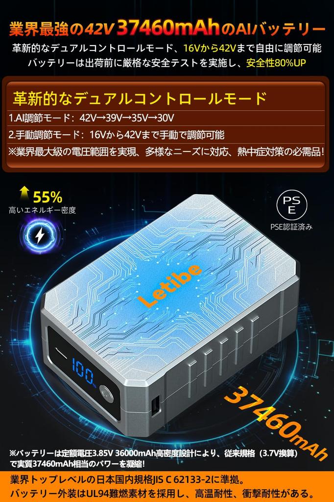 42V 37460mAh Fan Short AI Automatic Adjustable from 16V to Dual Control 30W PSE Heatstroke Includes Work Tool Pouch and Dustproof Cover Storm