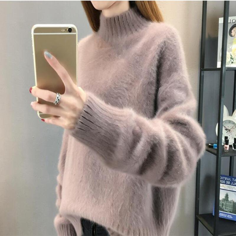 2024 Autumn Thick Velvet Warm Pullover Sweater Women Winter Clothing Fashion Loose Outerwear Half High Neck Knitted Sweaters Ladies Tops 25143