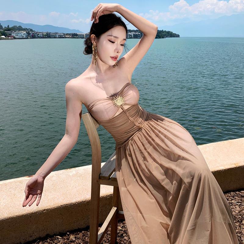 Greek Muse Temperament Sexy Tube Top Dress Women's Seaside Vacation Woven Rope Waist Slim Dress