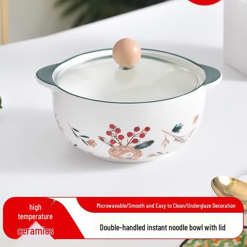 

Ceramic Noodle Bowl with Glass Lid and Double Handles