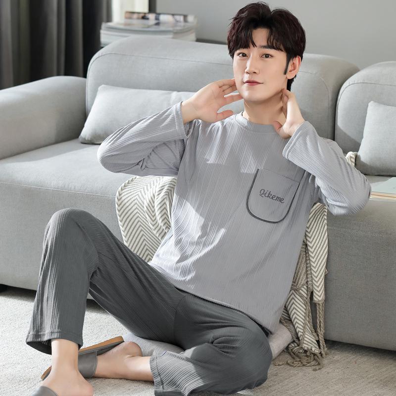 2023 Men's Cotton Pajamas: Long Sleeve Loose Fit for Spring, Autumn, and Winter with Print Design