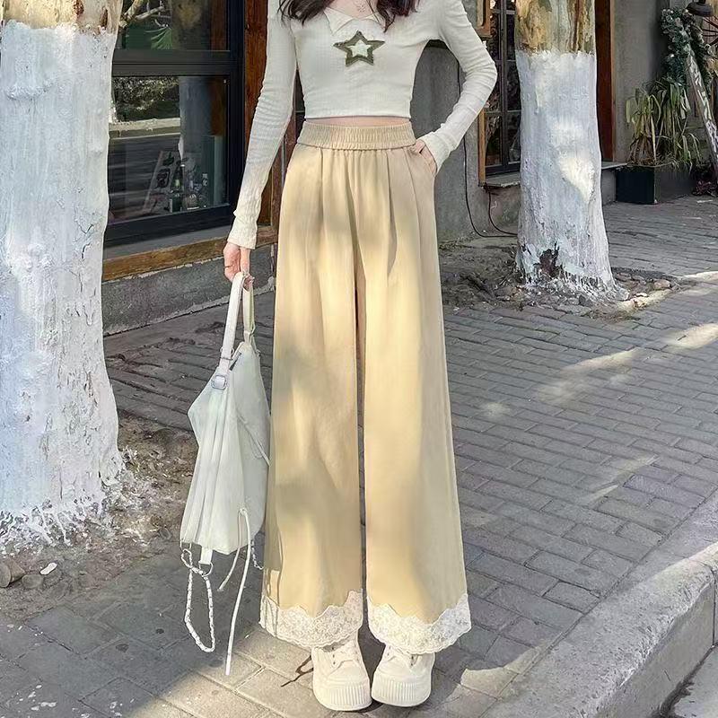 Damen High-Waist Spitzen-Patchwork Weite Hosen - Schlankmachend, Lässig, Verkürzter Gerader Schnitt