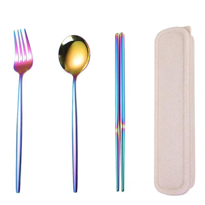Stainless Steel Portable Tableware Set: Chopsticks, Spoon, Fork - Customizable Student/Outdoor Gift with Logo.