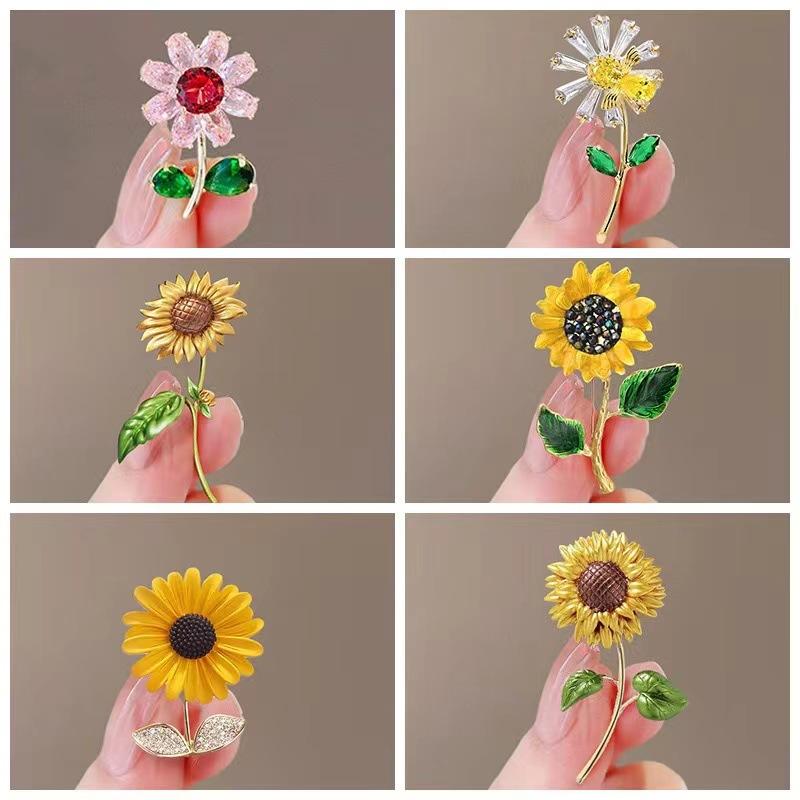 Spilla da donna con colletto a forma di corsage coreano, in lega di metallo con strass, con diamanti e cristalli, con fiore di girasole e margherita, PD1973