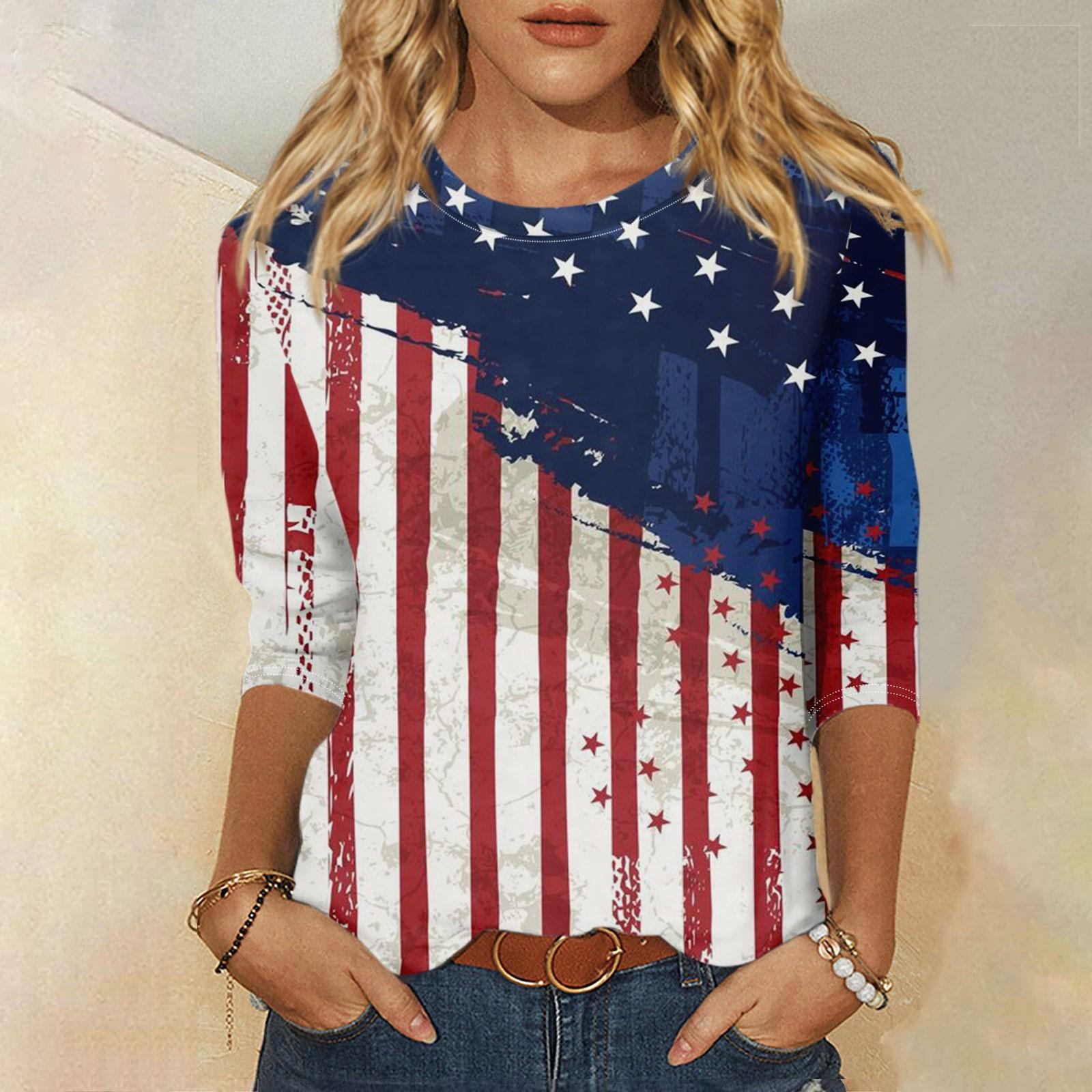 

Женская мода, повседневная свободная футболка с принтом на День независимости и круглым вырезом, рукав 3/4, женский топ M